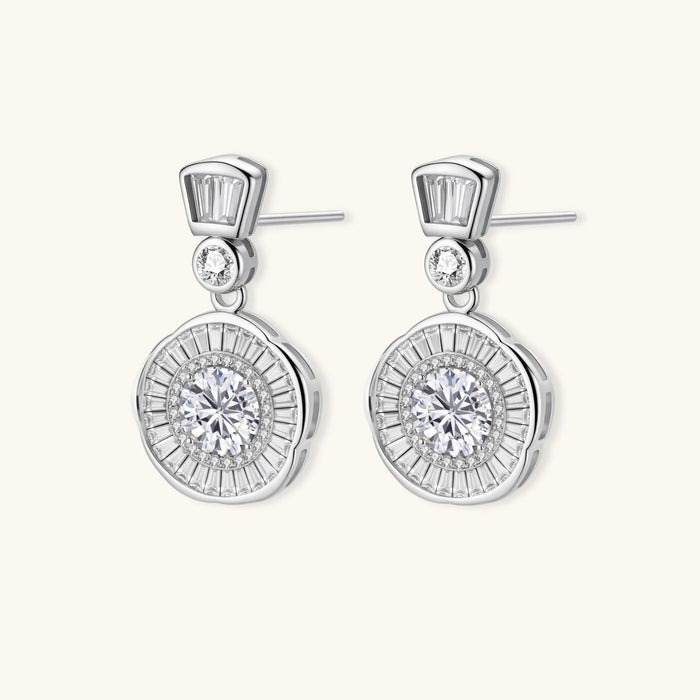 Art Deco-inspired sterling silver drop earrings with tiered moissanite stones in geometric sunburst design