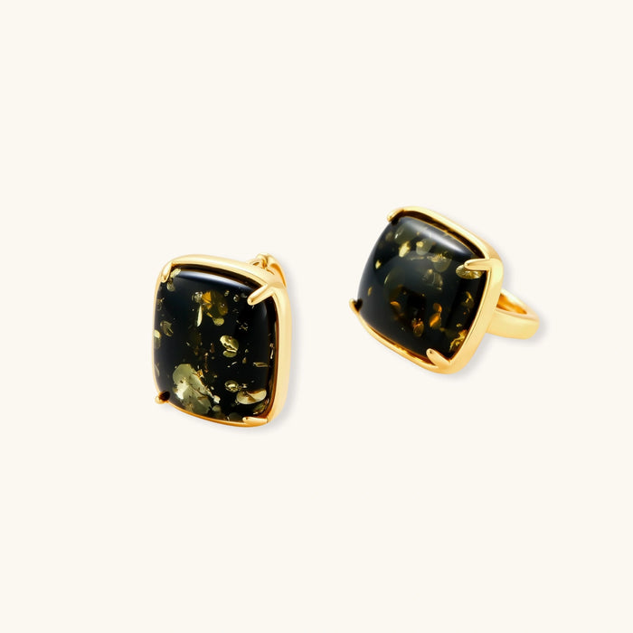 Elegant cushion-cut green amber earrings with golden inclusions in 18K gold-plated sterling silver settings.
