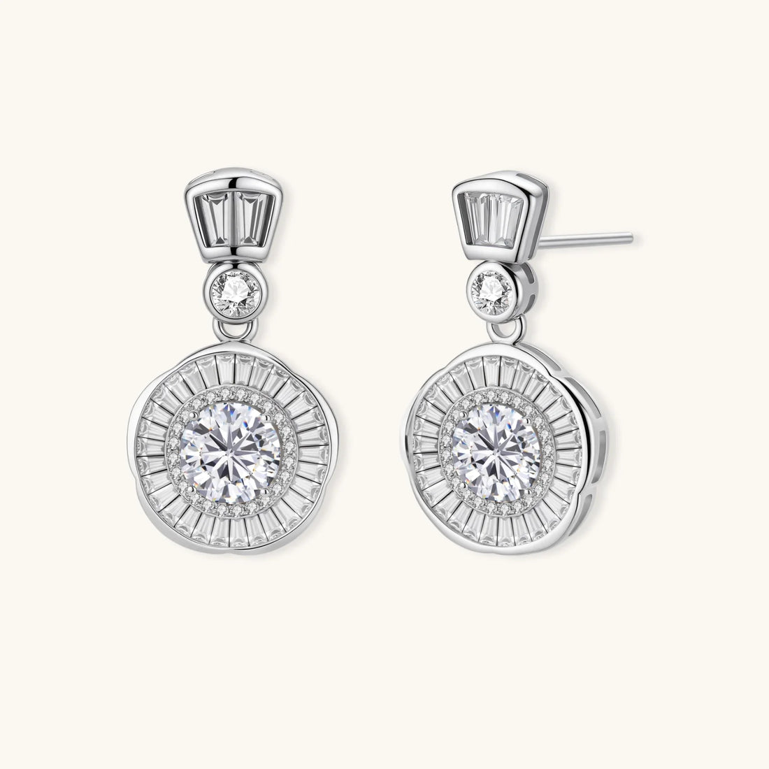 Art Deco-inspired sterling silver drop earrings with tiered moissanite stones in geometric sunburst design