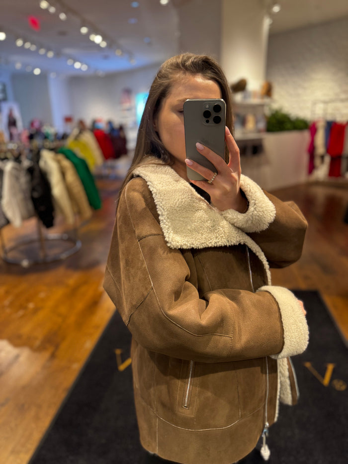 Genuine Shearling Lamb Leather Jacket in Cognac